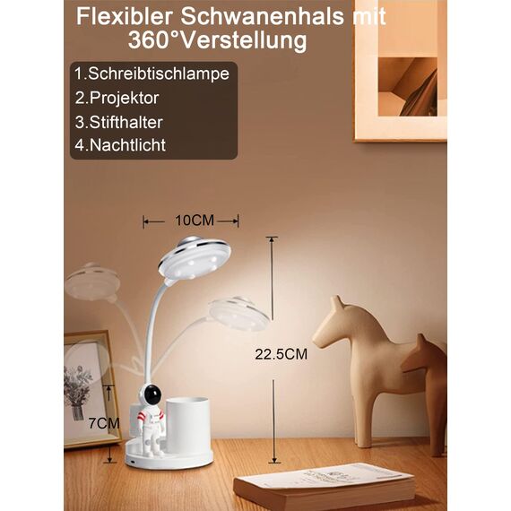 WLHBF Schreibtischlampe Kinder, LED Astronaut Tragbar Tischlampe, Leselampe mit Projektion &Bleistifthalter, Schreibtischlampe Dimmbar Wiederaufladbar Lampe für Student Schlafsaal Studie Lesen