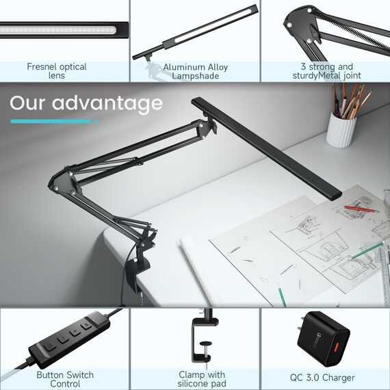Schreibtischlampe für das Heimbüro, Schreibtischlampe Klemmbar , Architektenleuchte mit QC3.0 Adapter, Fresnel Linse, Tischlampe, 5 Farbmodi und Helligkeit, Klemmlampe mit Speicherfunktion, Schwarz