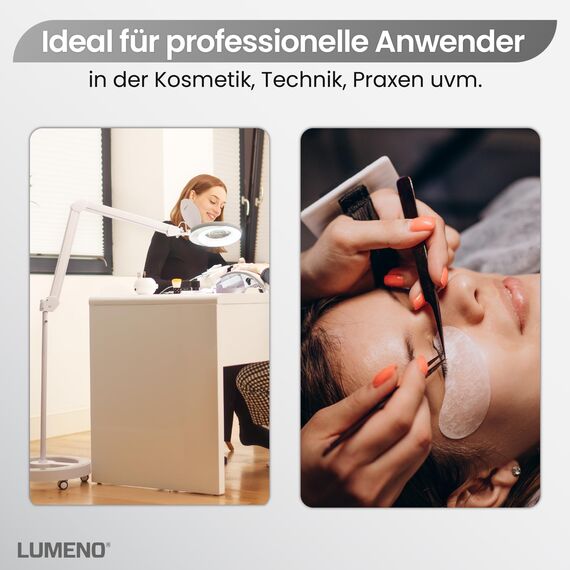 Lumeno LED Lupenleuchte 7213GR Lupenlampe mit 127 mm Echtglaslinse, Arbeitsplatzlampe, Kosmetiklampe, geeignet für Kosmetik, Bastler, Lesehilfe Vergrößerungslampe, 3 Dioptrien Grau mit Rollstativ