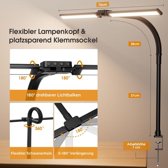 SIBRILLE Schreibtischlampe LED, Doppelkopf Schreibtischlampe Dimmbar, Klemmbar Desk Lamp für Büro, Augenschutz Monitor Lampe Tageslichtlampe, PC Lampe Tischlampe mit Schwanenhals, Schwarz