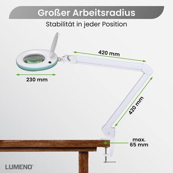 Lumeno LED Lupenleuchte 7218GN Lupenlampe mit 127 mm Echtglaslinse, Arbeitsplatzlampe, Kosmetiklampe, geeignet für Kosmetik, Bastler, Lesehilfe Vergrößerungslampe, 8 Dioptrien Grün
