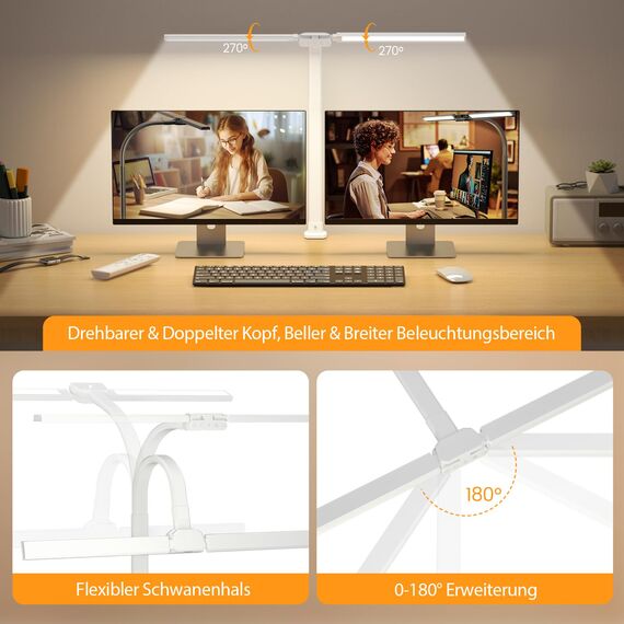SIBRILLE RGB Doppelkopf Schreibtischlampe LED dimmbar, 22W 80CM Klemmbare Tageslichtlampe mit Fernbedienung, drehbare Tischlampe Augenschutz Schwanenhals Büro Monitorlampe, weiß