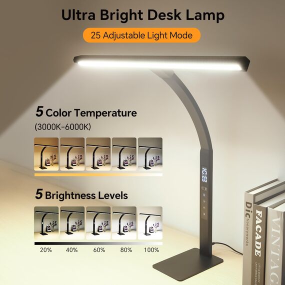 Schreibtischlampe LED Dimmbar mit Tomaten Timer: Leselampe Tischlampe mit Uhr Schreibtisch Lampe,1600 Lumen, Touch 5-stufig Dimmbare Beleuchtung, 5 Modi, 3000K-6000K Augenschutz Nachtlicht für Lese
