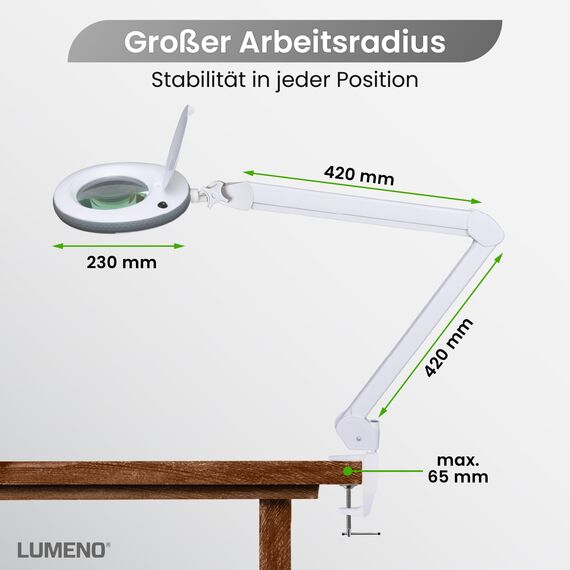 Lumeno Lupenleuchte LED 7215GR, Lupenleuchte mit 127 mm Glaslinse, Lupenlampe, Lupenleuchten, Kosmetik Lupe, Standlupe mit Licht, Vergrößerungsglas, Fußpflege Lampe, 5 Dioptrien Grau