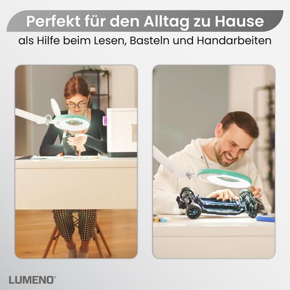 Lumeno LED Lupenleuchte 7213GN Lupenlampe mit 127 mm Echtglaslinse, Arbeitsplatzlampe, Kosmetiklampe, geeignet für Kosmetik, Bastler, Lesehilfe Vergrößerungslampe, 3 Dioptrien Grün mit Tischstativ