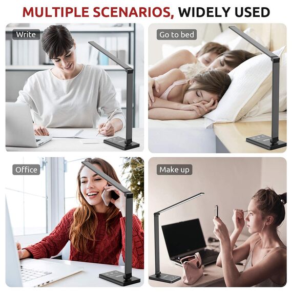 Chesbung Schreibtischlampe LED Dimmbare Schwarz Tischleuchte, 5 Farb und 10 Helligkeitsstufen, Augenschutz Tischlampe für Kinder, Touch-Bedienung, Nachttischlampe mit 2500mAH Eingebaute Batterie