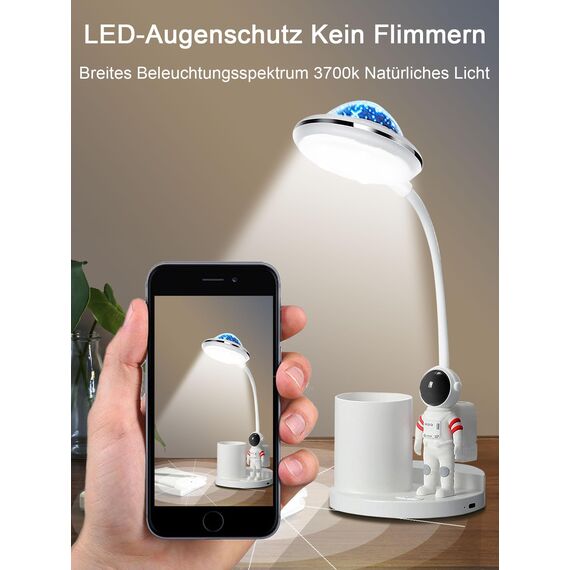 WLHBF Schreibtischlampe Kinder, LED Astronaut Tragbar Tischlampe, Leselampe mit Projektion &Bleistifthalter, Schreibtischlampe Dimmbar Wiederaufladbar Lampe für Student Schlafsaal Studie Lesen