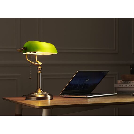 Newrays Bankers-Schreibtischlampe aus grünem Glas mit Zugkettenschalter-Steckerbefestigung