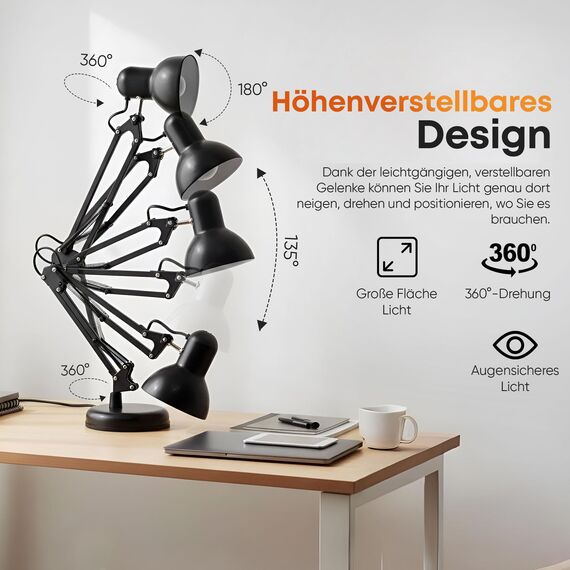 GOODS+GADGETS Retro Arbeitsplatzlampe Leselampe Schreibtischlampe Tischlampe Arbeitsplatz-leuchte Schreibtisch-Leuchte Nachttischleuchte mit Gelenk-Arm aus Metall inkl. LED Glühbirne