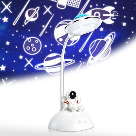 WLHBF Schreibtischlampe Kinder, LED Astronaut Tragbar Tischlampe, Leselampe mit Projektion &Bleistifthalter, Schreibtischlampe Dimmbar Wiederaufladbar Lampe für Student Schlafsaal Studie Lesen