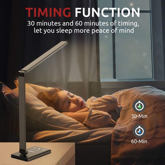 Chesbung Schreibtischlampe LED Dimmbare Schwarz Tischleuchte, 5 Farb und 10 Helligkeitsstufen, Augenschutz Tischlampe für Kinder, Touch-Bedienung, Nachttischlampe mit 2500mAH Eingebaute Batterie