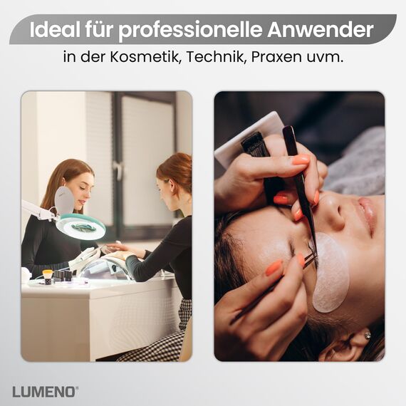 Lumeno LED Lupenleuchte 7218GN Lupenlampe mit 127 mm Echtglaslinse, Arbeitsplatzlampe, Kosmetiklampe, geeignet für Kosmetik, Bastler, Lesehilfe Vergrößerungslampe, 8 Dioptrien Grün mit Tischstativ