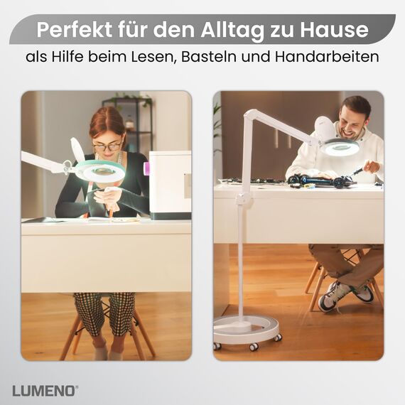 Lumeno LED Lupenleuchte 7218GR Lupenlampe mit 127 mm Echtglaslinse, Arbeitsplatzlampe, Kosmetiklampe, geeignet für Kosmetik, Bastler, Lesehilfe Vergrößerungslampe, 8 Dioptrien Grau mit Rollstativ