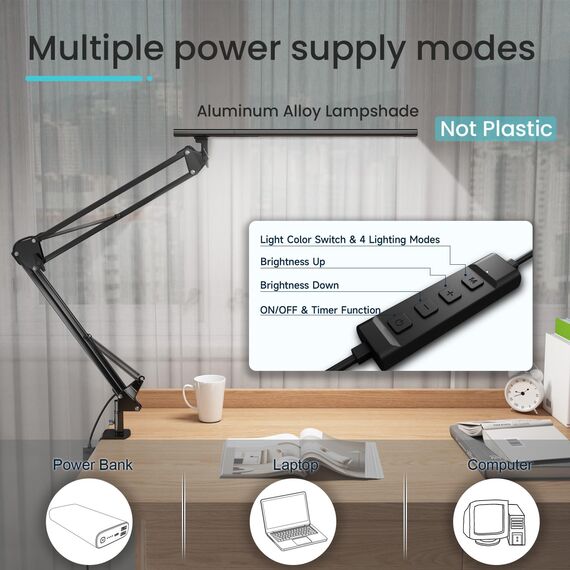 Schreibtischlampe für das Heimbüro, Schreibtischlampe Klemmbar , Architektenleuchte mit QC3.0 Adapter, Fresnel Linse, Tischlampe, 5 Farbmodi und Helligkeit, Klemmlampe mit Speicherfunktion, Schwarz