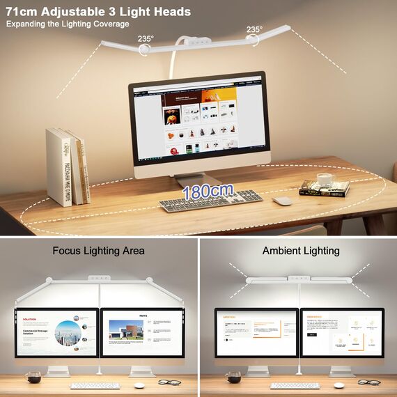 EppieBasic Schreibtischlampe LED Klemmbar,24W 3-Lampenköpfe Dimmbar für Homeoffice, 1200LM Augenschutz Schwanenhals Büro Tischlampe,Monitor Lampe Weiß 4 Farbtemperatur-Helligkeitsstufen 30Min Timer