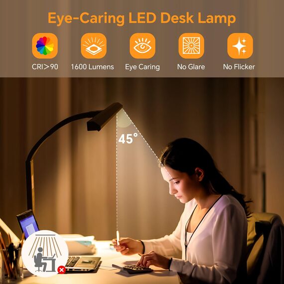 Schreibtischlampe LED Dimmbar mit Tomaten Timer: Leselampe Tischlampe mit Uhr Schreibtisch Lampe,1600 Lumen, Touch 5-stufig Dimmbare Beleuchtung, 5 Modi, 3000K-6000K Augenschutz Nachtlicht für Lese