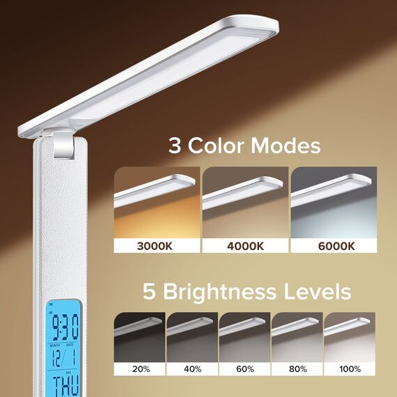 Schreibtischlampe LED Dimmable mit Uhr Desk Lamp 3 Colours und 5 Brightness Levels Eye-Friendly Bedside Lamp Kabellosem Laden und USB-Anschluss Smartphone Nachttischlampe Wireless Charger Tischleuchte