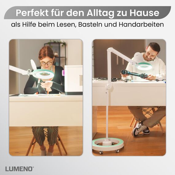 Lumeno Lupenleuchte LED 7213GN Lupenlampe mit 127 mm Echtglaslinse, Arbeitsplatzlampe, Kosmetiklampe, geeignet für Kosmetik, Bastler, Lesehilfe Vergrößerungslampe, 3 Dioptrien Grün mit Rollstativ
