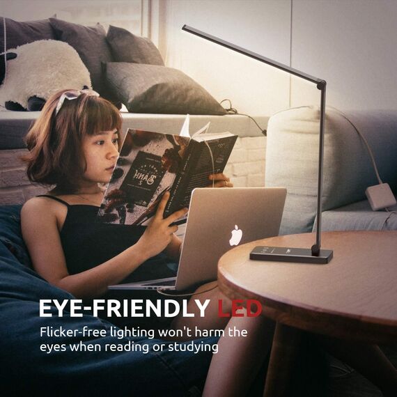 Chesbung Schreibtischlampe LED Dimmbare Schwarz Tischleuchte, 5 Farb und 10 Helligkeitsstufen, Augenschutz Tischlampe für Kinder, Touch-Bedienung, Nachttischlampe mit 2500mAH Eingebaute Batterie