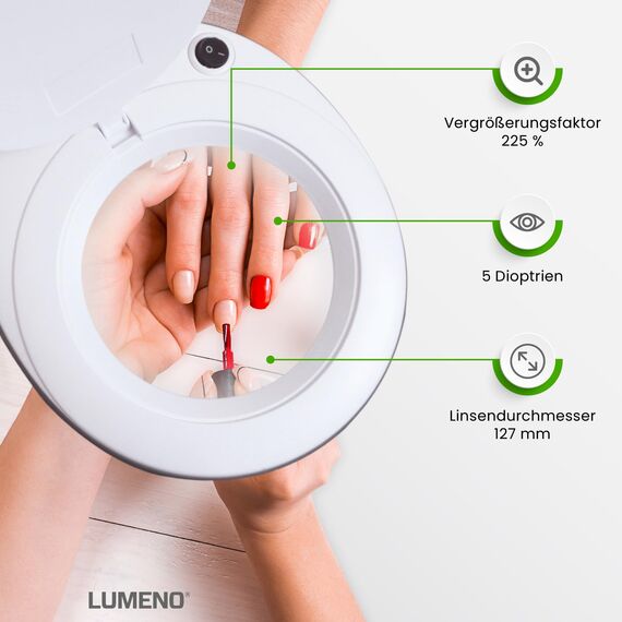 Lumeno LED Lupenleuchte 7215GN Lupenlampe mit 127 mm Echtglaslinse, Arbeitsplatzlampe, Kosmetiklampe, geeignet für Kosmetik, Bastler, Lesehilfe Vergrößerungslampe, 5 Dioptrien Grün