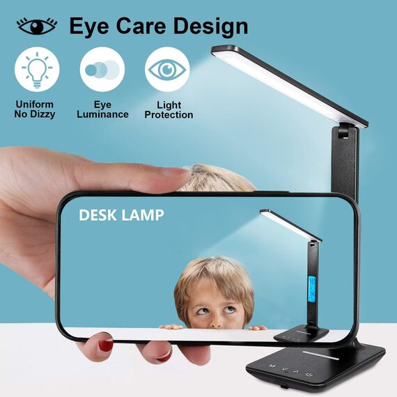 Schreibtischlampe LED Dimmable mit Uhr Desk Lamp 3 Colours und 5 Brightness Levels Eye-Friendly Bedside Lamp Kabellosem Laden und USB-Anschluss Smartphone Nachttischlampe Wireless Charger Tischleuchte