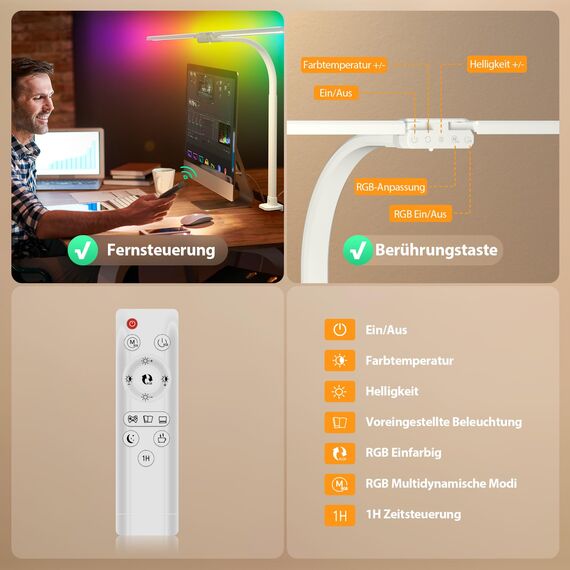 SIBRILLE RGB Doppelkopf Schreibtischlampe LED dimmbar, 22W 80CM Klemmbare Tageslichtlampe mit Fernbedienung, drehbare Tischlampe Augenschutz Schwanenhals Büro Monitorlampe, weiß