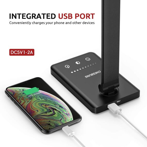 Chesbung Schreibtischlampe LED Dimmbare Schwarz Tischleuchte, 5 Farb und 10 Helligkeitsstufen, Augenschutz Tischlampe für Kinder, Touch-Bedienung, Nachttischlampe mit 2500mAH Eingebaute Batterie