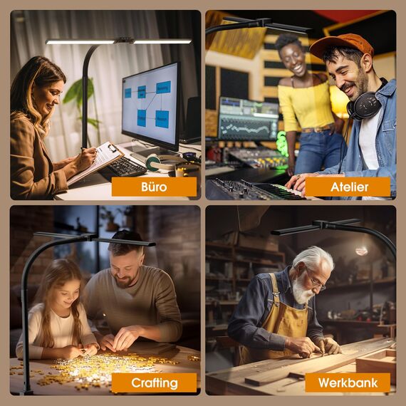 SIBRILLE Schreibtischlampe LED, Doppelkopf Schreibtischlampe Dimmbar, Klemmbar Desk Lamp für Büro, Augenschutz Monitor Lampe Tageslichtlampe, PC Lampe Tischlampe mit Schwanenhals, Schwarz