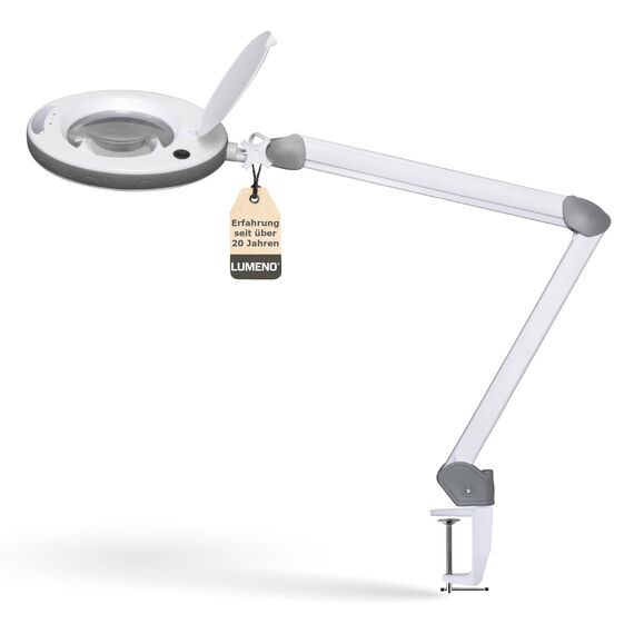 Lumeno dimmbare LED Lupenleuchte 8513GR mit großer 152 mm Echtglaslinse, einstellbare Helligkeitsstufen, geeignet als Arbeitsleuchte, Lupenlampe, Lesehilfe, 3 Dioptrien Grau