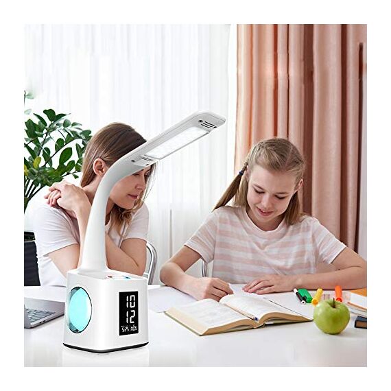 Schreibtischlampe Kinder LED, Tischlampe 10W Touch Dimmbar, Nachttischlampe Tischleuchte 7 in 1 mit 3 Helligkeitsstufen/USB-Anschluss/256 RGB/Stifthalter/Uhr/Kalender und LCD-Bildschirm Leselicht Büro