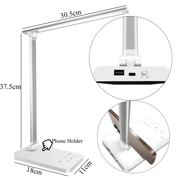 Qualore Schreibtischlampe, LED Tischlampe Dimmbar mit 5 Helligkeitsstufen 5 Farb, USB Anschluss, Auto Timer, Touchpanel, Memory-Funktion, Augenfreundliche Nachttischlampe für Kinder Mädchen