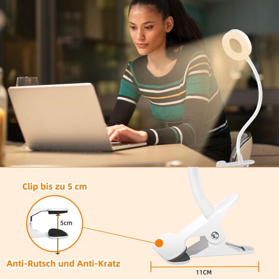 Akynite Klemmleuchte USB Weiß mit Adapter und Kabel, 48 LED Make Up Schwanenhals Lampe, 3 Farbwechsel & 10 Helligkeit, Flexibel Leselampe Bettlampe Klemmbar, Bett Lampe Kopfteil Schreibtischlampe