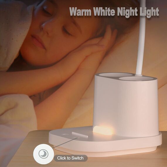 Schreibtischlampe Kinder, 60 LED Dimmbare Tischlampe 3 Modus USB-Anschluss Nachttischlampe, Touch Schreibtischleuchte mit Stifthalter 3600 mAh 360° Verstellbar Schwanenhals Leselicht Wohnzimmer Büro