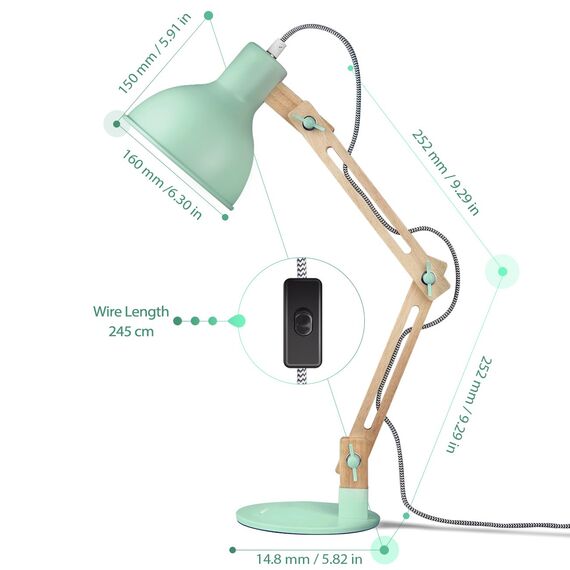 tomons Schreibtischlampe, LED Tischlampe im Klassichen Holz-Design, Nachttischlampe, Lampe mit Verstellbarem Arm, Tischlampe Wohnzimmer für Zimmer Büro, Weiß