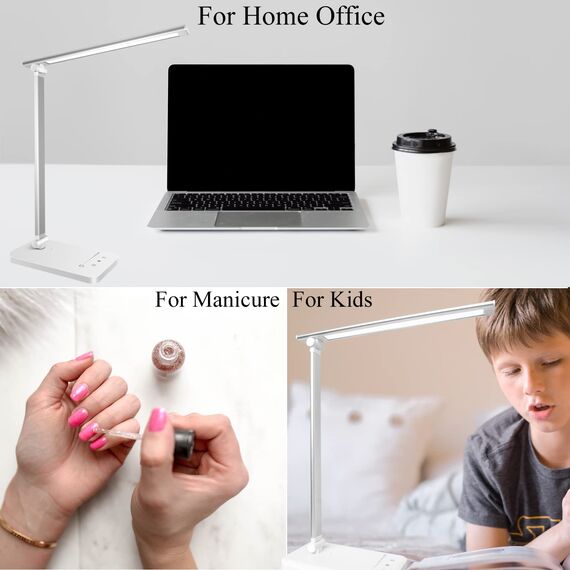 Qualore Schreibtischlampe, LED Tischlampe Dimmbar mit 5 Helligkeitsstufen 5 Farb, USB Anschluss, Auto Timer, Touchpanel, Memory-Funktion, Augenfreundliche Nachttischlampe für Kinder Mädchen