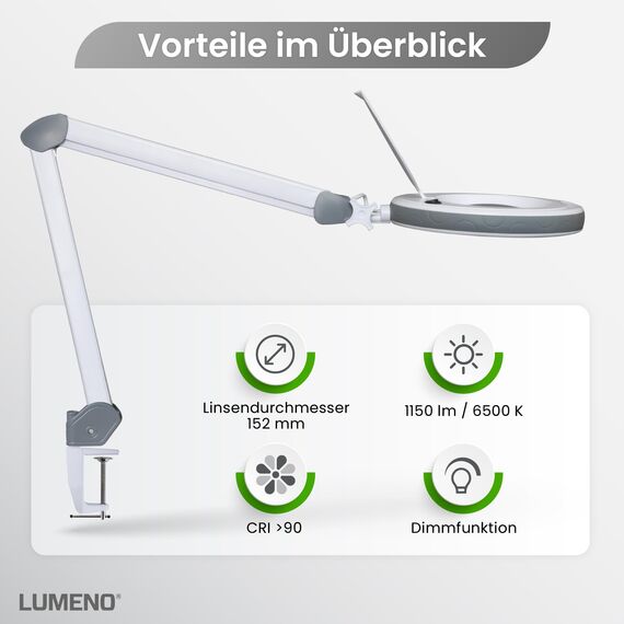 Lumeno dimmbare LED Lupenleuchte 8513GR mit großer 152 mm Echtglaslinse, einstellbare Helligkeitsstufen, geeignet als Arbeitsleuchte, Lupenlampe, Lesehilfe, 3 Dioptrien Grau