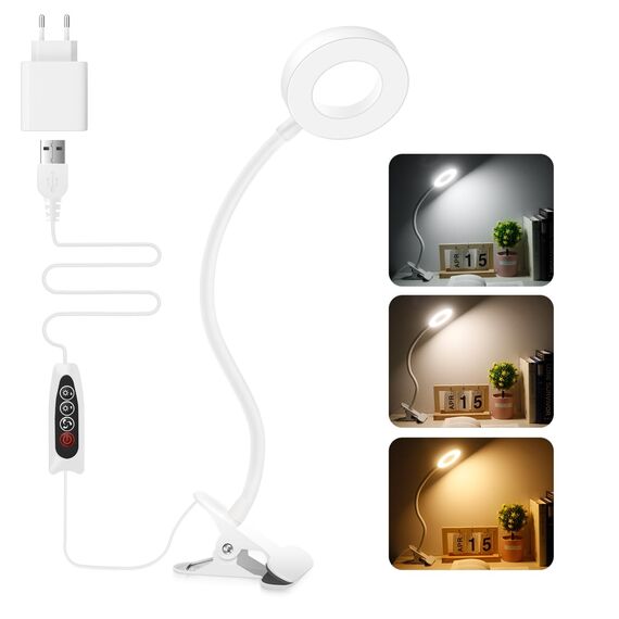 Akynite Klemmleuchte USB Weiß mit Adapter und Kabel, 48 LED Make Up Schwanenhals Lampe, 3 Farbwechsel & 10 Helligkeit, Flexibel Leselampe Bettlampe Klemmbar, Bett Lampe Kopfteil Schreibtischlampe