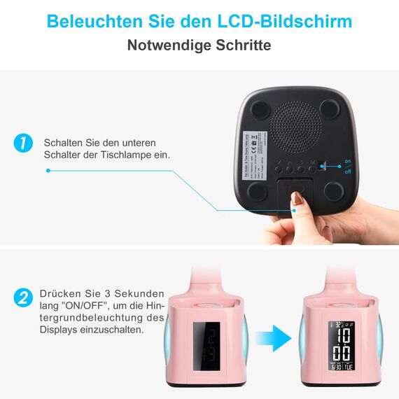 Wanjiaone Schreibtischlampe Kinder LED,Tischlampe Dimmbar mit Uhr, Nachttischlampe Tischleuchte mit 256 RGB Nachtlicht/Stifthalter/USB-Anschluss/3 Helligkeitsstufen/Wecker/für Studium, Büro