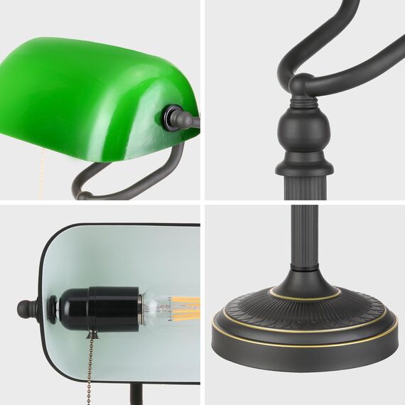Newrays Banker-Schreibtischlampe aus antikem grünem Glas mit Zugkettenschalter-Plug-in-Befestigung (Green) (Green-AG)