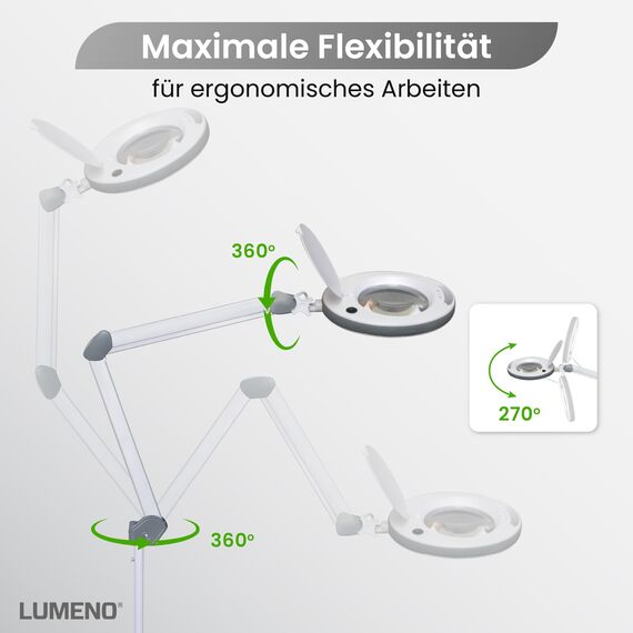 Lumeno dimmbare LED Lupenleuchte 8515GR mit großer 152 mm Echtglaslinse, einstellbare Helligkeitsstufen, geeignet als Arbeitsleuchte, Lupenlampe, Lesehilfe, 5 Dioptrien mit Rollstativ Grau