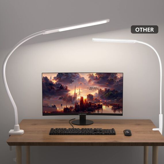 Hokone Schreibtischlampe LED Klemmbar, Dimmbar Klemmlampe mit 4 Farben und 10 Stufenlose Helligkeitsstufen, Schwanenhals Klemmleuchte Flexible 360°, Bürotischlampe Schwanenhals Lampe für Büro, Weiß
