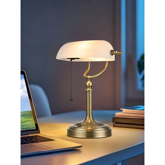 Newrays White Mattglas Banker Schreibtischlampe, stufenloser dimmbarer Tischlampenstopfen für Studien, Home Office, Bibliothek, LED -Glühbirne inklusive