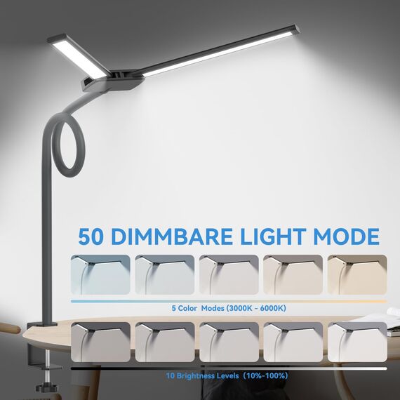 rigors 60CM Doppelkopf Schreibtischlampe LED Dimmbar, 900LM Tageslichtlampe für Schreibtisch, Klemmbar Augenschutz Bürolampe 5 Farb 10 Helligkeit, 360° Schwanenhals Tischlampe mit Netzadapter