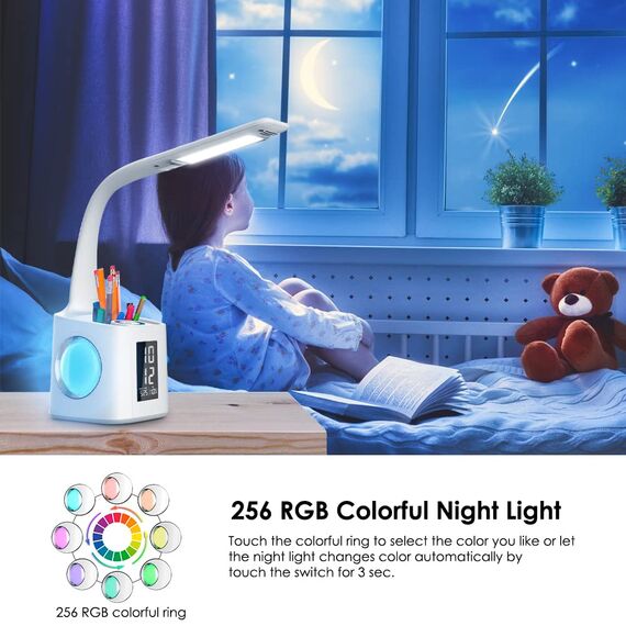 Schreibtischlampe Kinder LED, Tischlampe 10W Touch Dimmbar, Nachttischlampe Tischleuchte 7 in 1 mit 3 Helligkeitsstufen/USB-Anschluss/256 RGB/Stifthalter/Uhr/Kalender und LCD-Bildschirm Leselicht Büro