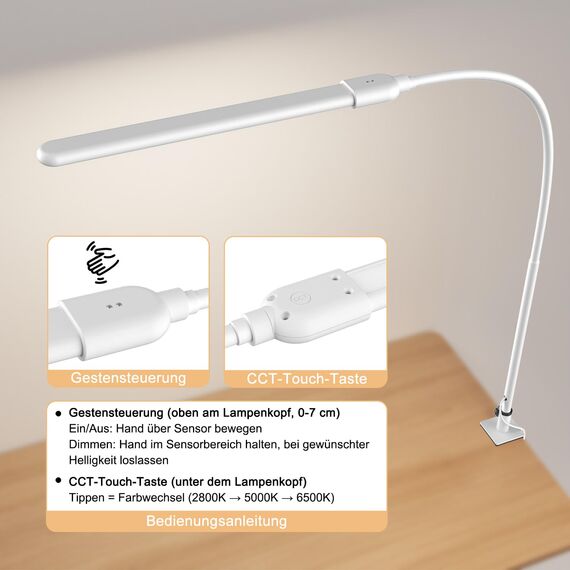 KableRika Schreibtischlampe LED dimmbar mit Gestensteuerung, Schreibtischlampe klemmbar mit 3 Farbmodi, Augenschutz-Tischlampe für Büro, Homeoffice & Monitor weiße