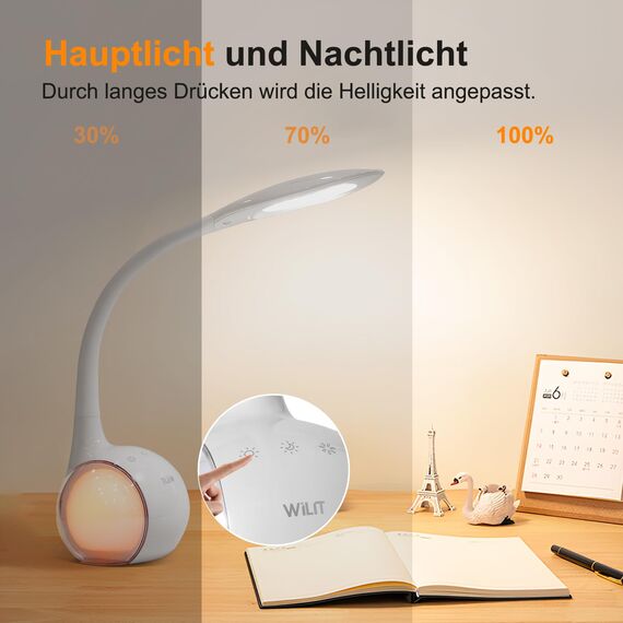 WILIT LED Schreibtischlampe Kinder, Schreibtischlampe Farbwechsel Nachttischlampe Kinder Jungen Mädchen, Nachttischlampe Touch Dimmbar mit 3 Helligkeitsstufen, Weiß