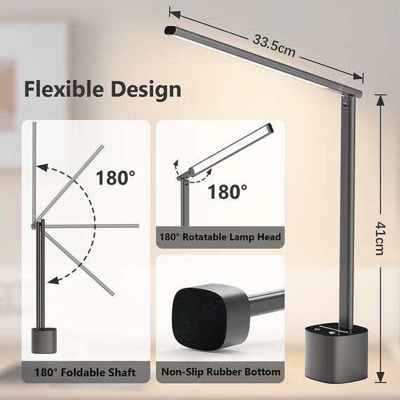 bravzurg Tischlampe Kabellos Aufladbar, 5000mAh Aluminium LED Tischleuchte Akku, Faltbar Tragbar und Verstellbar, Dimmbar Kabellose Licht für Büro, Lesen, Outdoor (Grau)