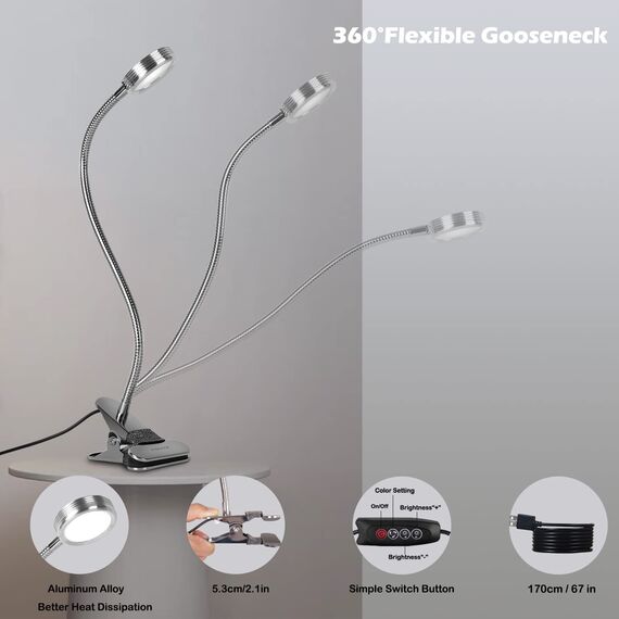 EYOCEAN Leselampe, LED Klemmlampe, 360° Flexibel Schwanenhals Lampe, 3 Farbmodi & 9 Helligkeitsstufen, Augenpflege Schreibtischlampe für Büro Heimgebrauch, CE Adapter Enthalten, 5W, Silber