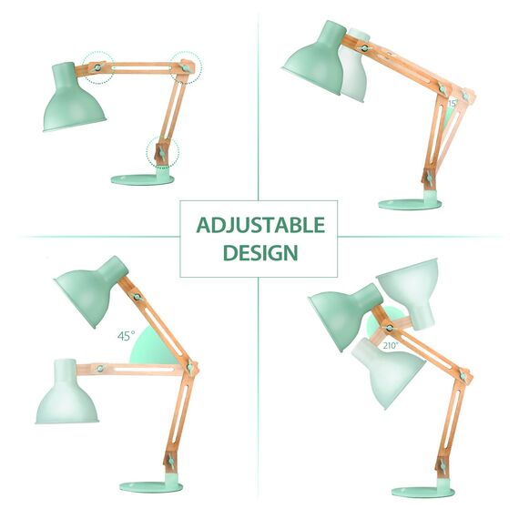 tomons Schreibtischlampe, LED Tischlampe im Klassichen Holz-Design, Nachttischlampe, Lampe mit Verstellbarem Arm, Tischlampe Wohnzimmer für Zimmer Büro, Weiß