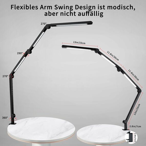 vimeepro Led Schreibtischlampe klemmbar,Tischlampe 4 Sektionen Schwingarm Tageslichtlampe Schreibtisch,Touch Control Helligkeitsstufen 5 Helligkeit 4 Farbmodi, Speicherfunktion desk Lamp